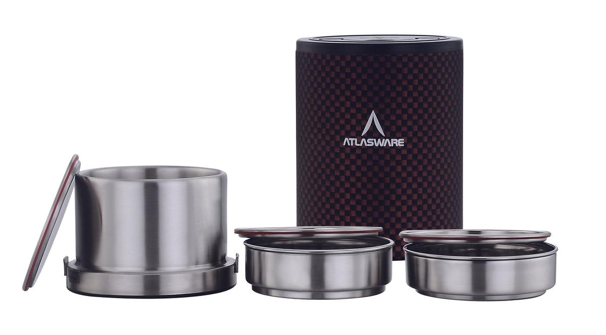 Atlasware Stainless Steel Brown Chequered Lunch box 1000ml (3 Container)